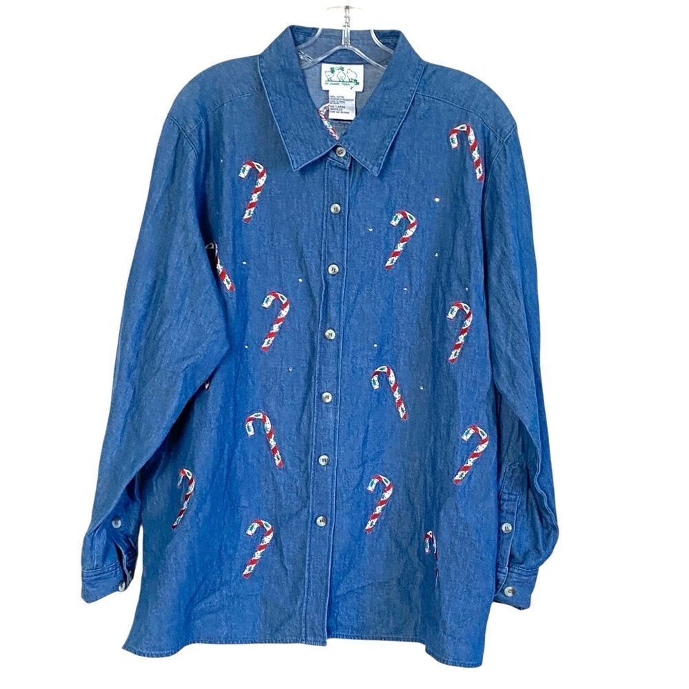 The Quacker Factory Vintage 90s Embroidered Candy Cane Crystal Denim Shirt Sz L